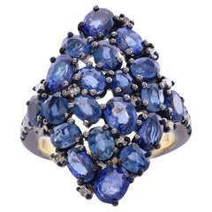 Blue Sapphire and Light Brown Diamond Victorian Cluster Ring in 18k/925 Gold 