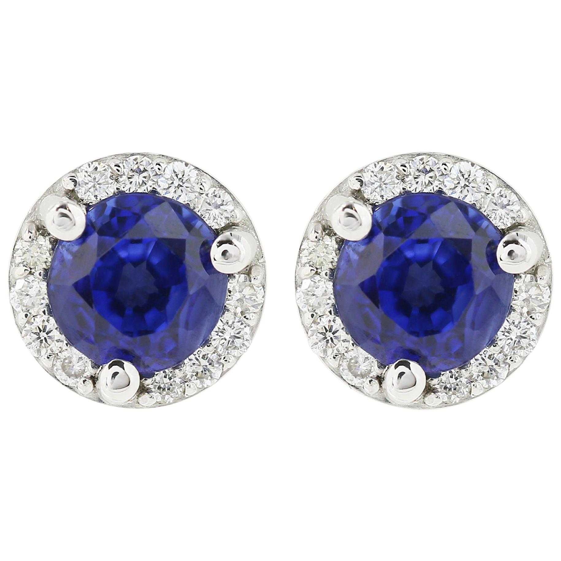Blue Sapphire and Micropave Diamond Stud Earring For Sale