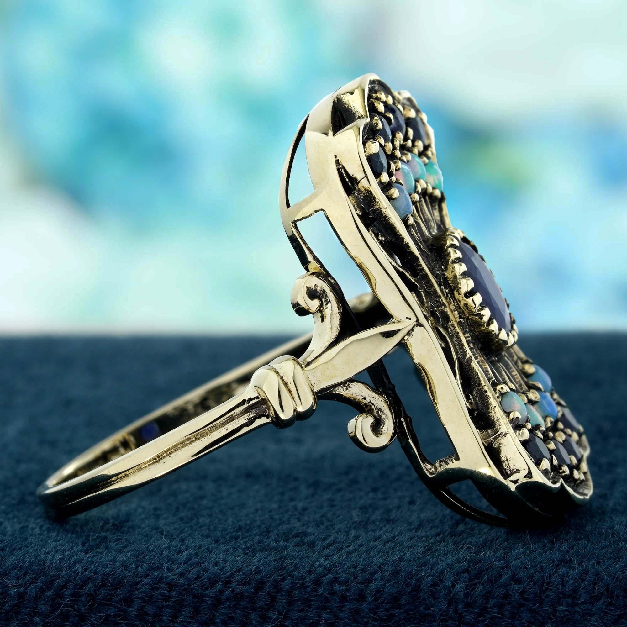 Zafiro azul y ópalo Anillo de cóctel de pavo real estilo vintage en  Oro de 9 quilates Corte oval en venta
