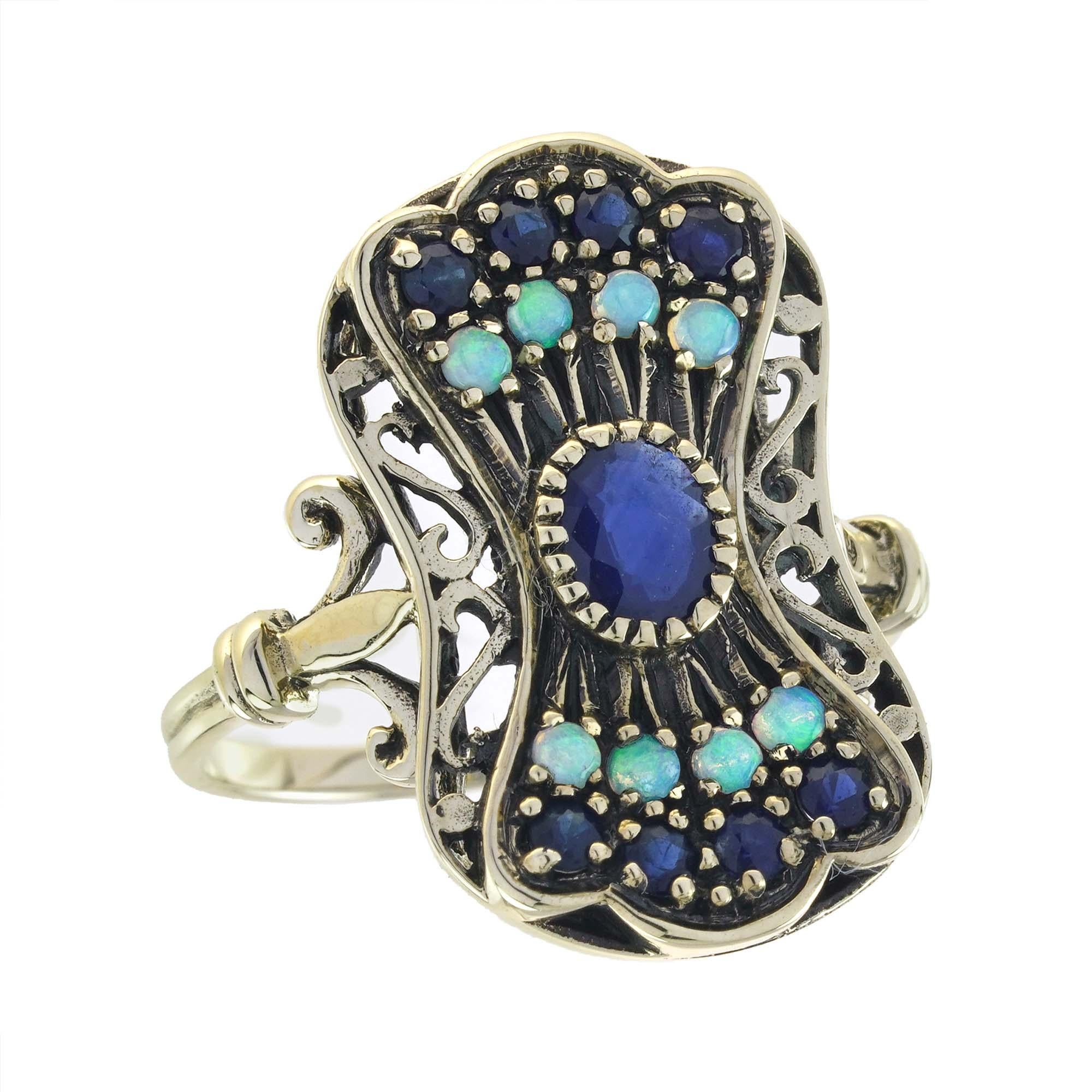 Blue Sapphire and Opal Vintage Style Peacock Cocktail Ring in  9K Gold
