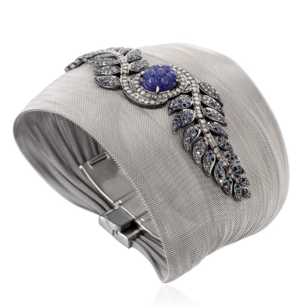 Round Cut Carved Blue Sapphire With Blue & White Pave Diamonds Steel Mesh Cuff For Sale