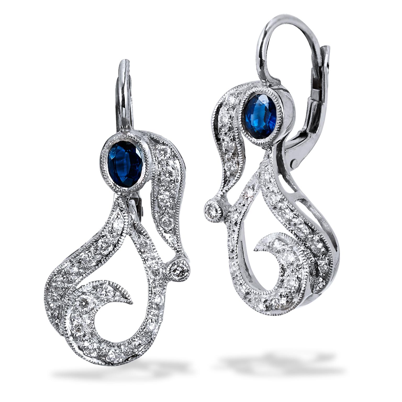 Blue Sapphire and Pave-Set Diamond Paisley-Shaped Lever-Back Earrings In Excellent Condition In Miami, FL