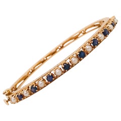 Blue Sapphire and Pearl Estate Clamp Bracelet 'Bangle/Cuff' in 14 Karat Gold