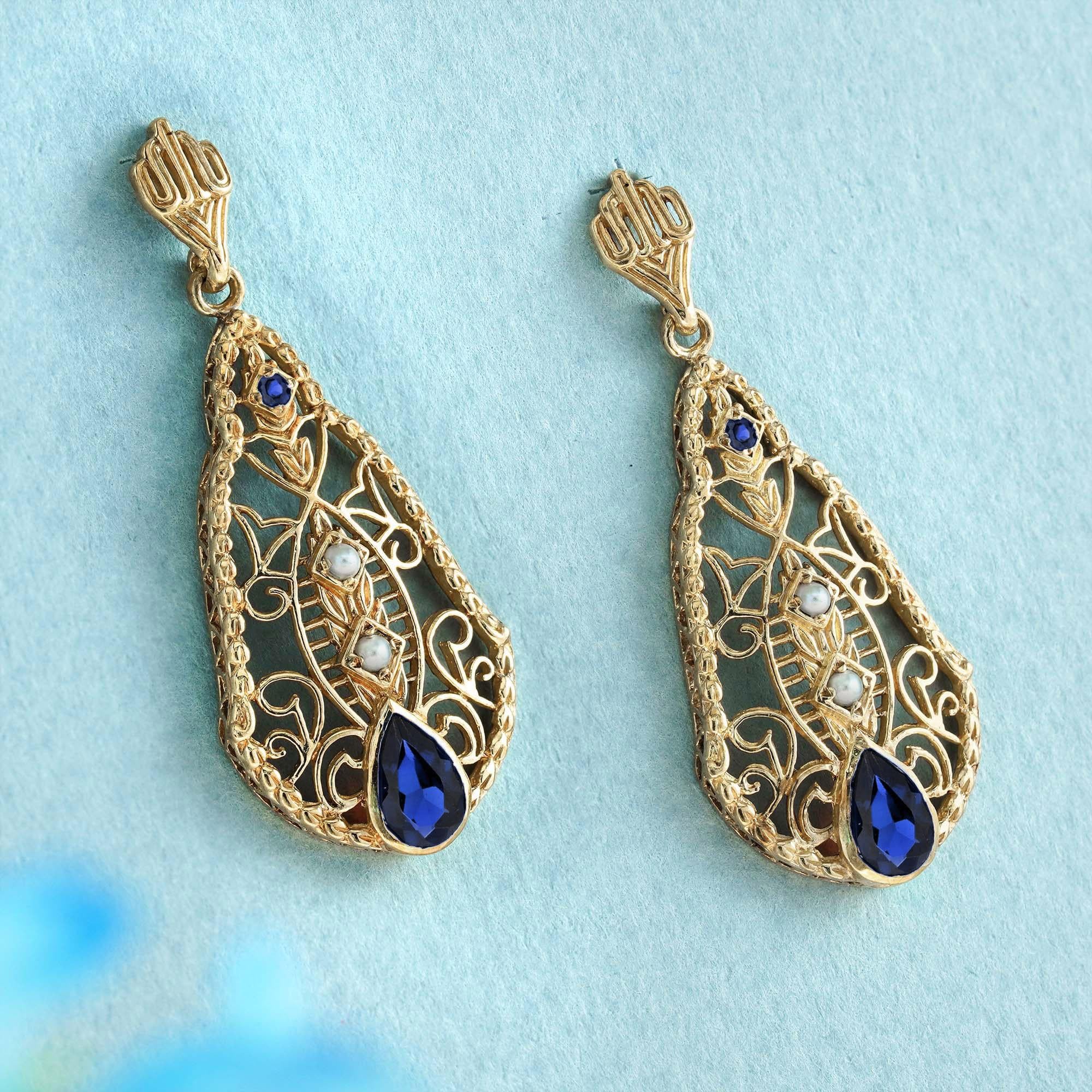 Edwardian Blue Sapphire and Pearl Style Dangle Filigree Earrings in 9K Yellow Gold