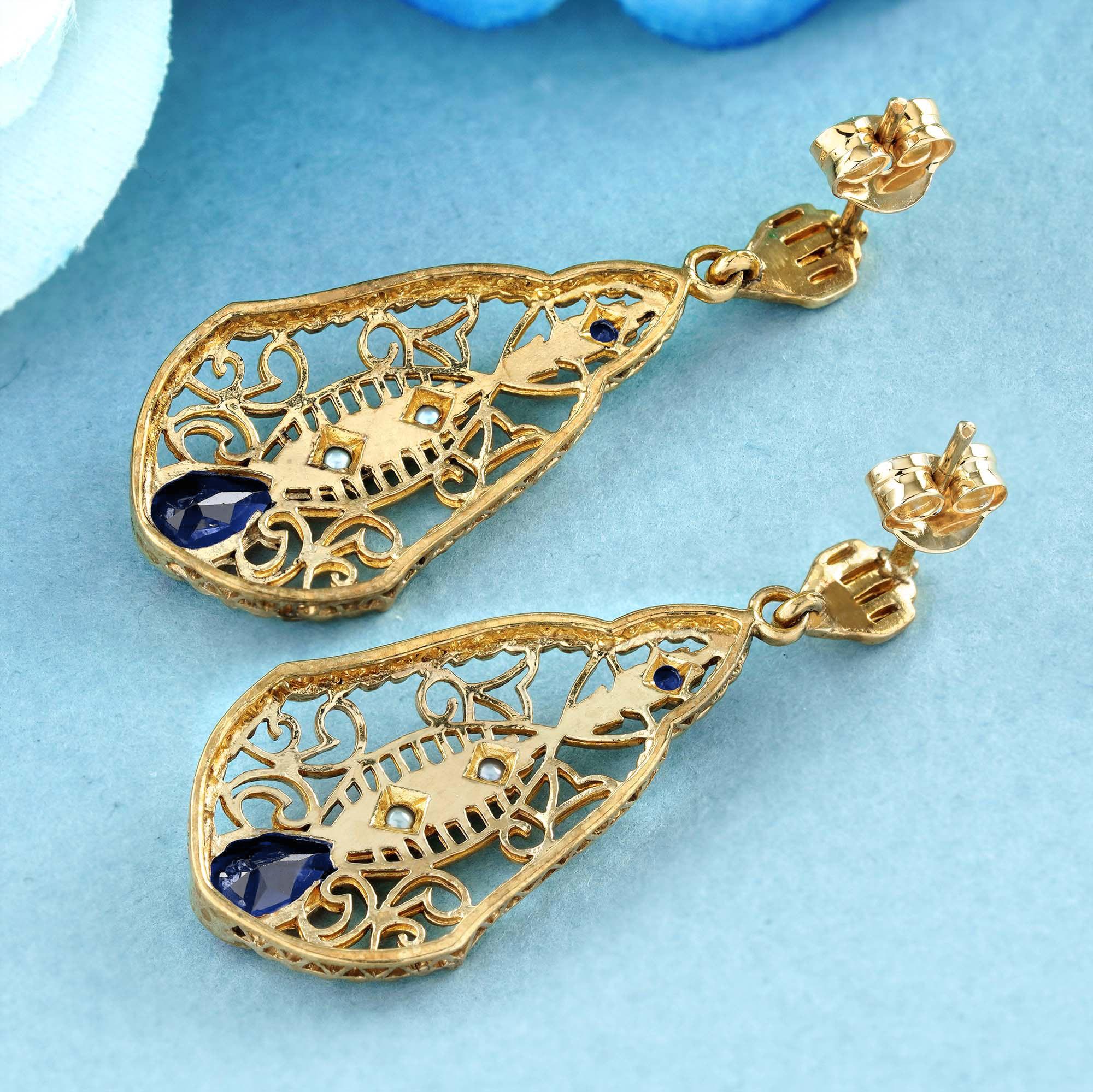 Pear Cut Blue Sapphire and Pearl Style Dangle Filigree Earrings in 9K Yellow Gold