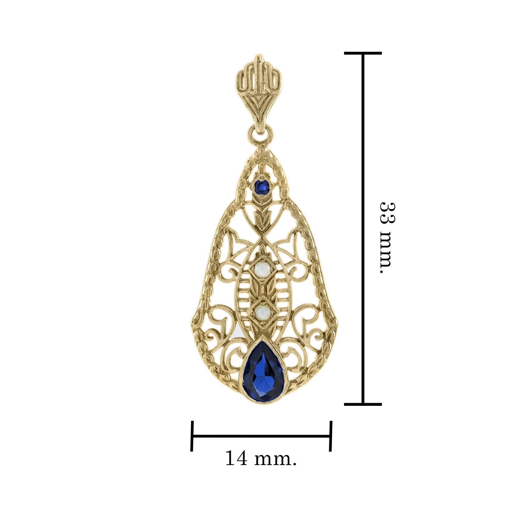Blue Sapphire and Pearl Style Dangle Filigree Earrings in 9K Yellow Gold In New Condition In Bangkok, TH