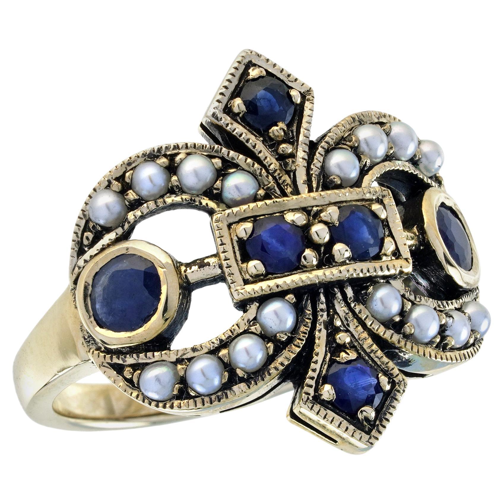 Blue Sapphire and Pearl Vintage Style Cluster Ring in Solid 9K Yellow Gold
