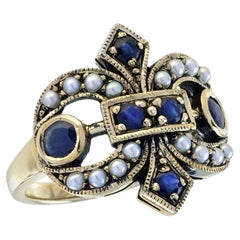 Blauer Saphir und Perle Vintage-Stil Cluster-Ring in massivem 9K Gelbgold