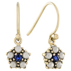 Blue Sapphire and Pearl Vintage Style Floral Dangle Earrings in Solid 9K Gold