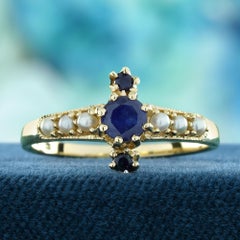 Blue Sapphire and Pearl Vintage Style Ring in Solid 9K Yellow Gold