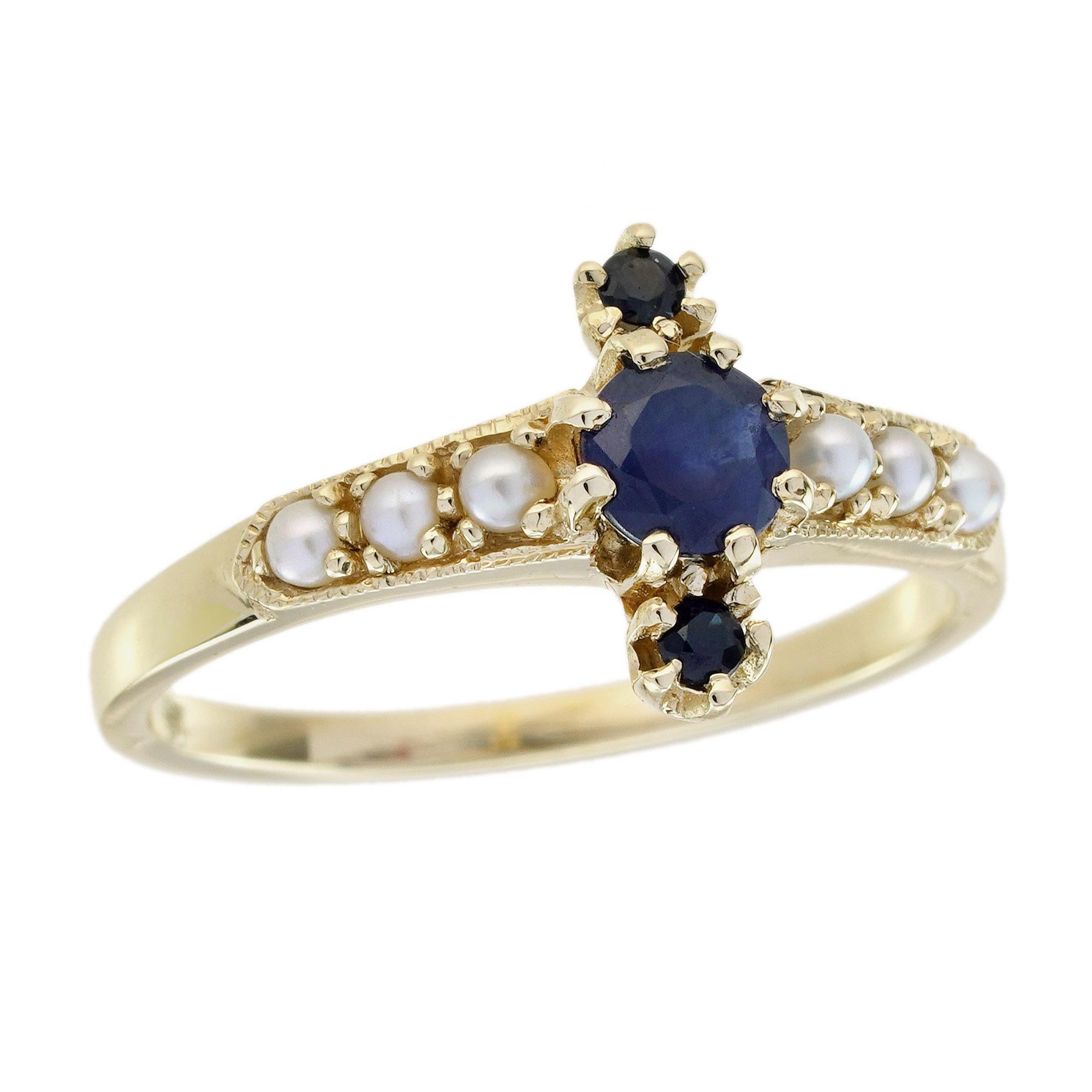 Ring im Vintage-Stil mit blauem Saphir und Perle aus massivem 9K Gelbgold