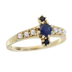 Blue Sapphire and Pearl Vintage Style Ring in Solid 9K Yellow Gold