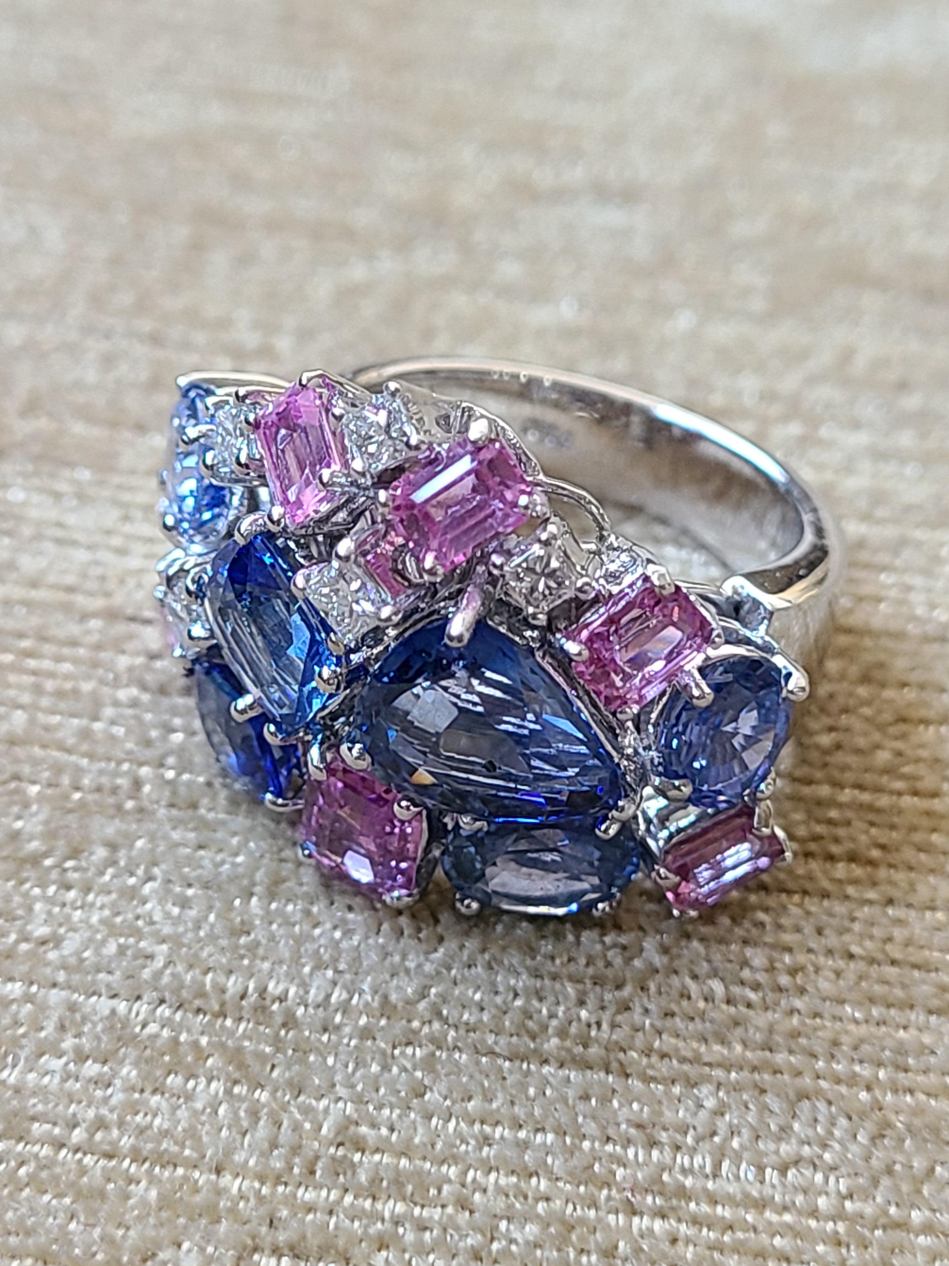 Modern Blue Sapphire and Pink Sapphire Cut Set in 18 Karat Gold with Diamonds