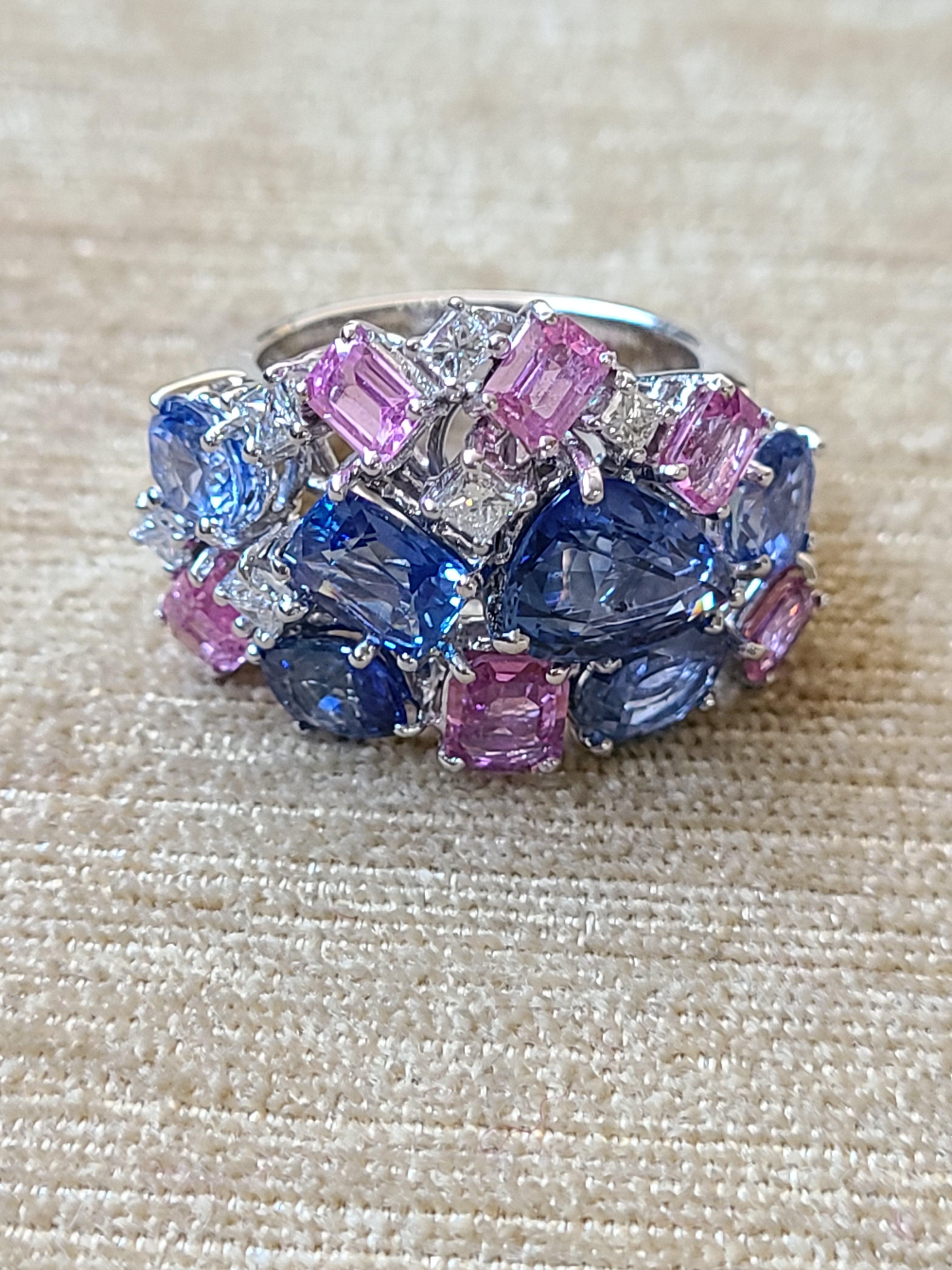 Oval Cut Blue Sapphire and Pink Sapphire Cut Set in 18 Karat Gold with Diamonds