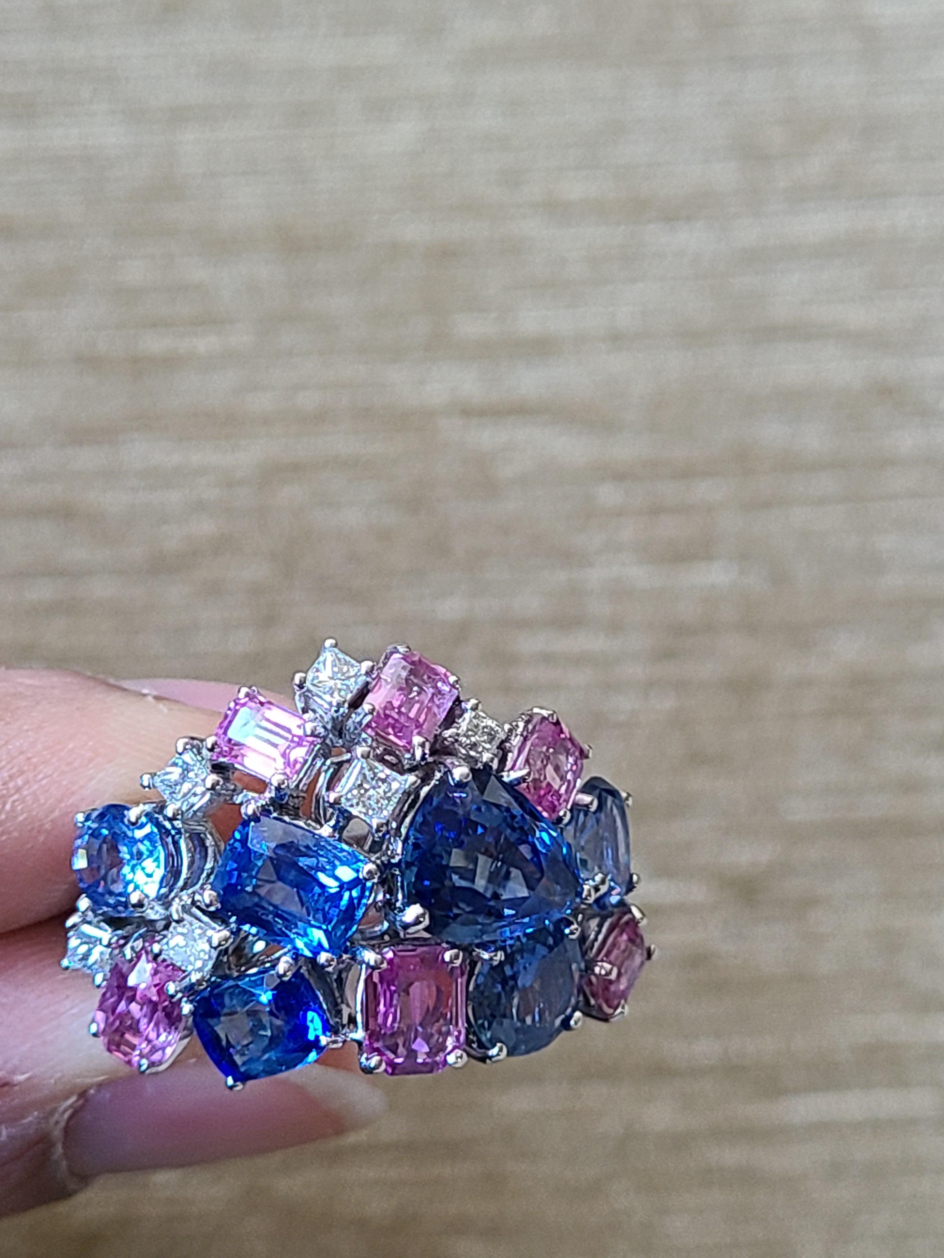 Women's or Men's Blue Sapphire and Pink Sapphire Cut Set in 18 Karat Gold with Diamonds