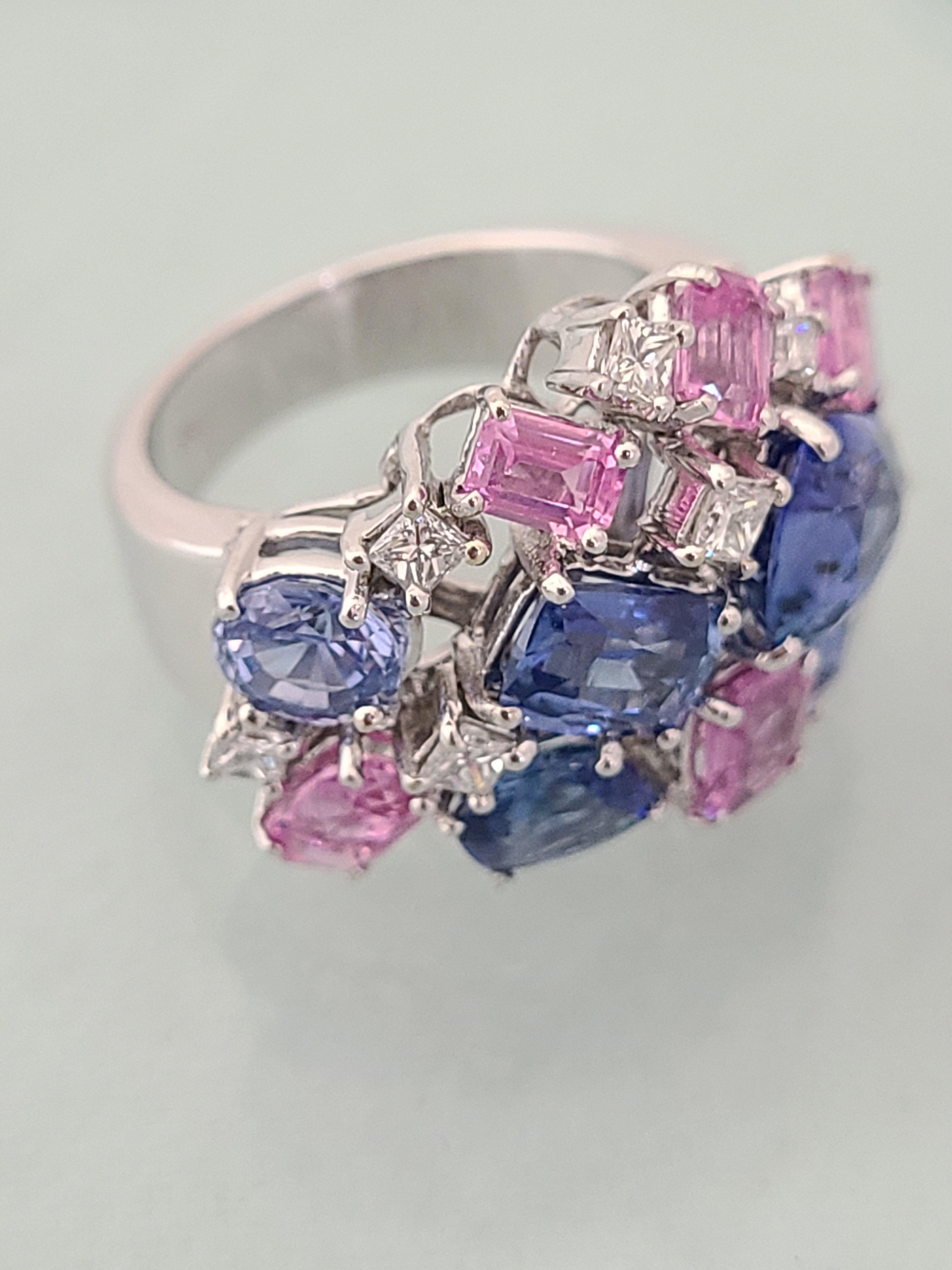 Blue Sapphire and Pink Sapphire Cut Set in 18 Karat Gold with Diamonds 1