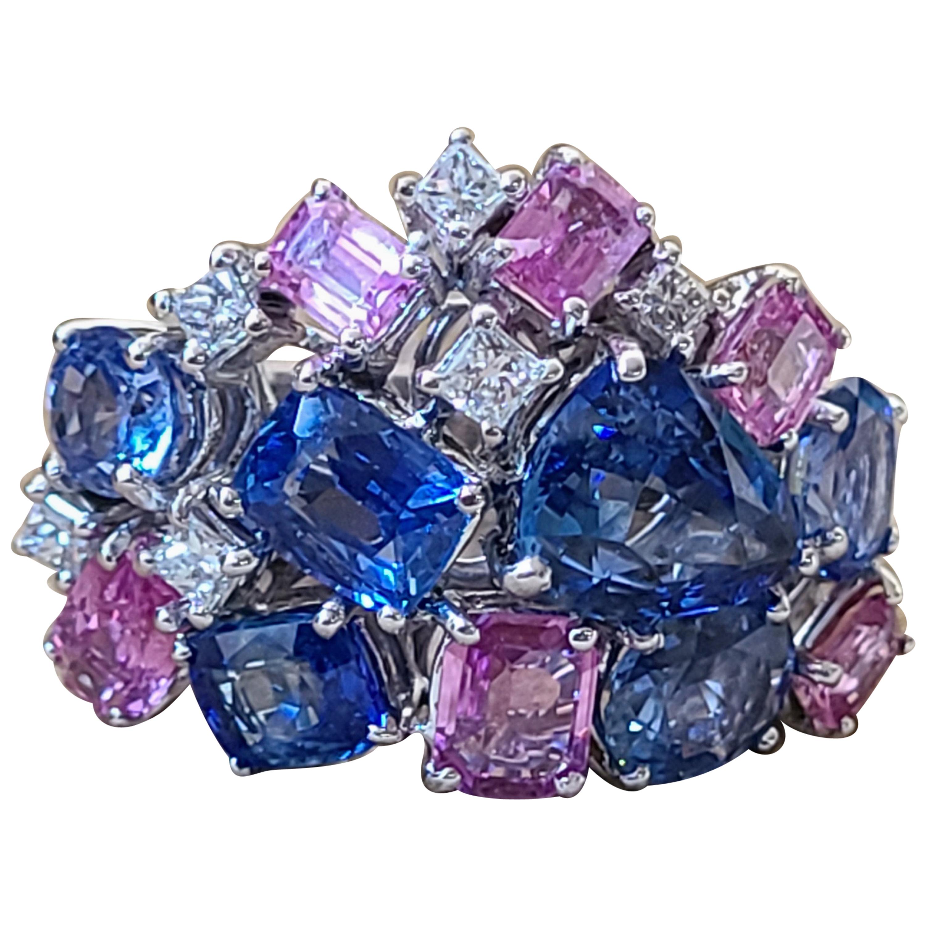 Blue Sapphire and Pink Sapphire Cut Set in 18 Karat Gold with Diamonds