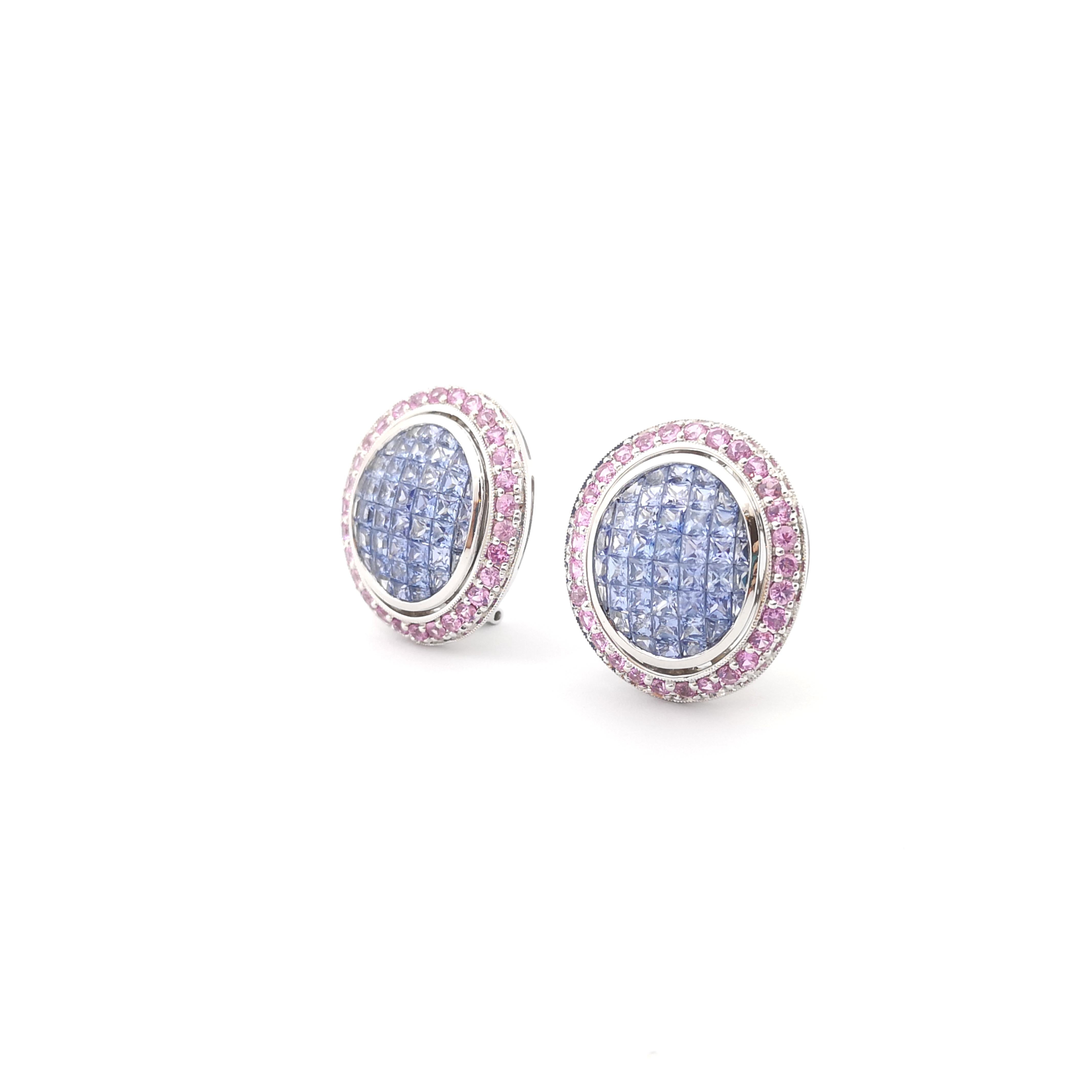 Princess Cut Blue Sapphire and Pink Sapphire Earrings set in 18K White Gold Settings For Sale
