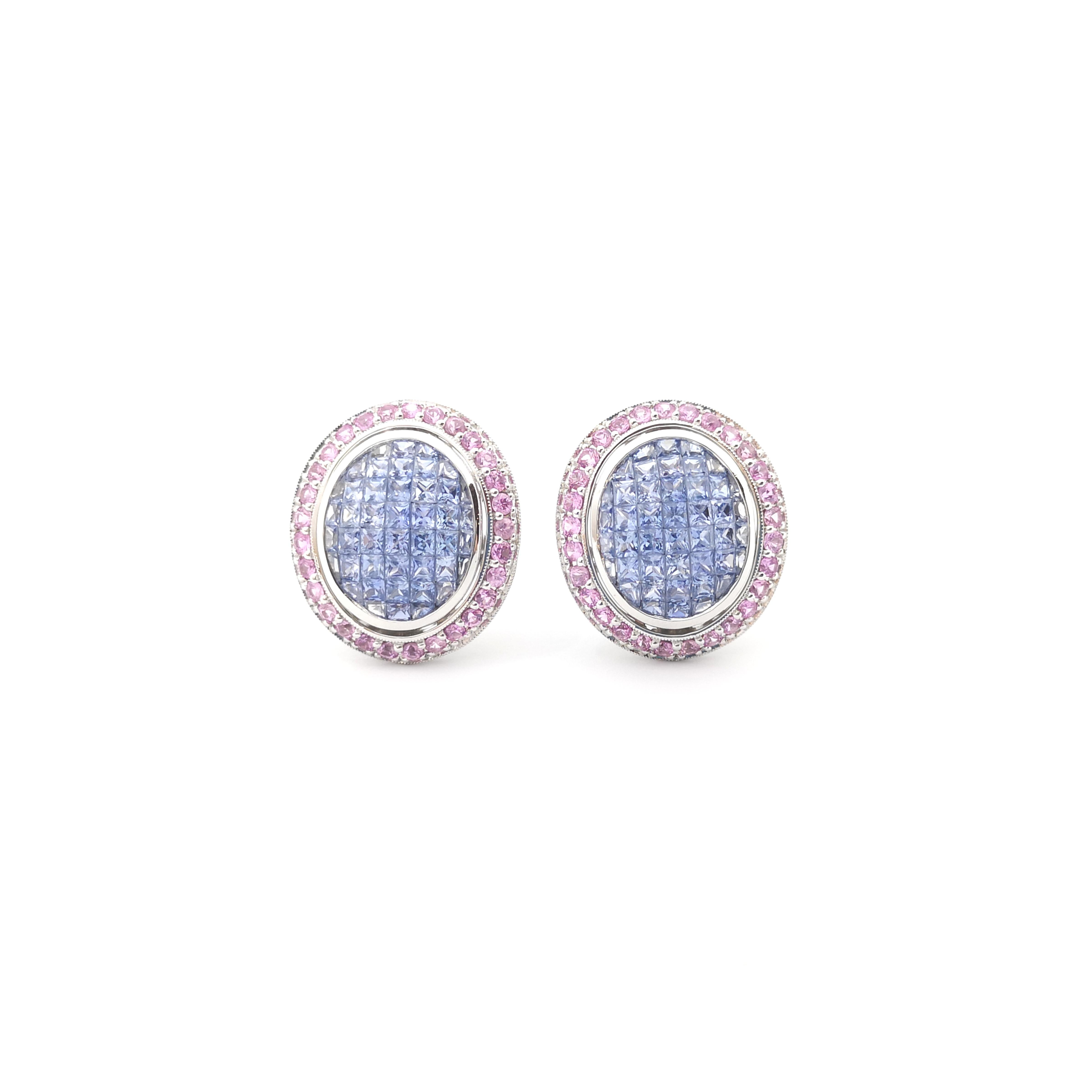 Blue Sapphire and Pink Sapphire Earrings set in 18K White Gold Settings For Sale 1