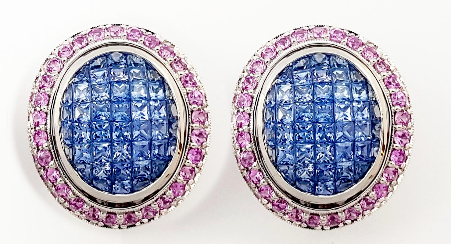 Blue Sapphire and Pink Sapphire Earrings set in 18K White Gold Settings For Sale 2