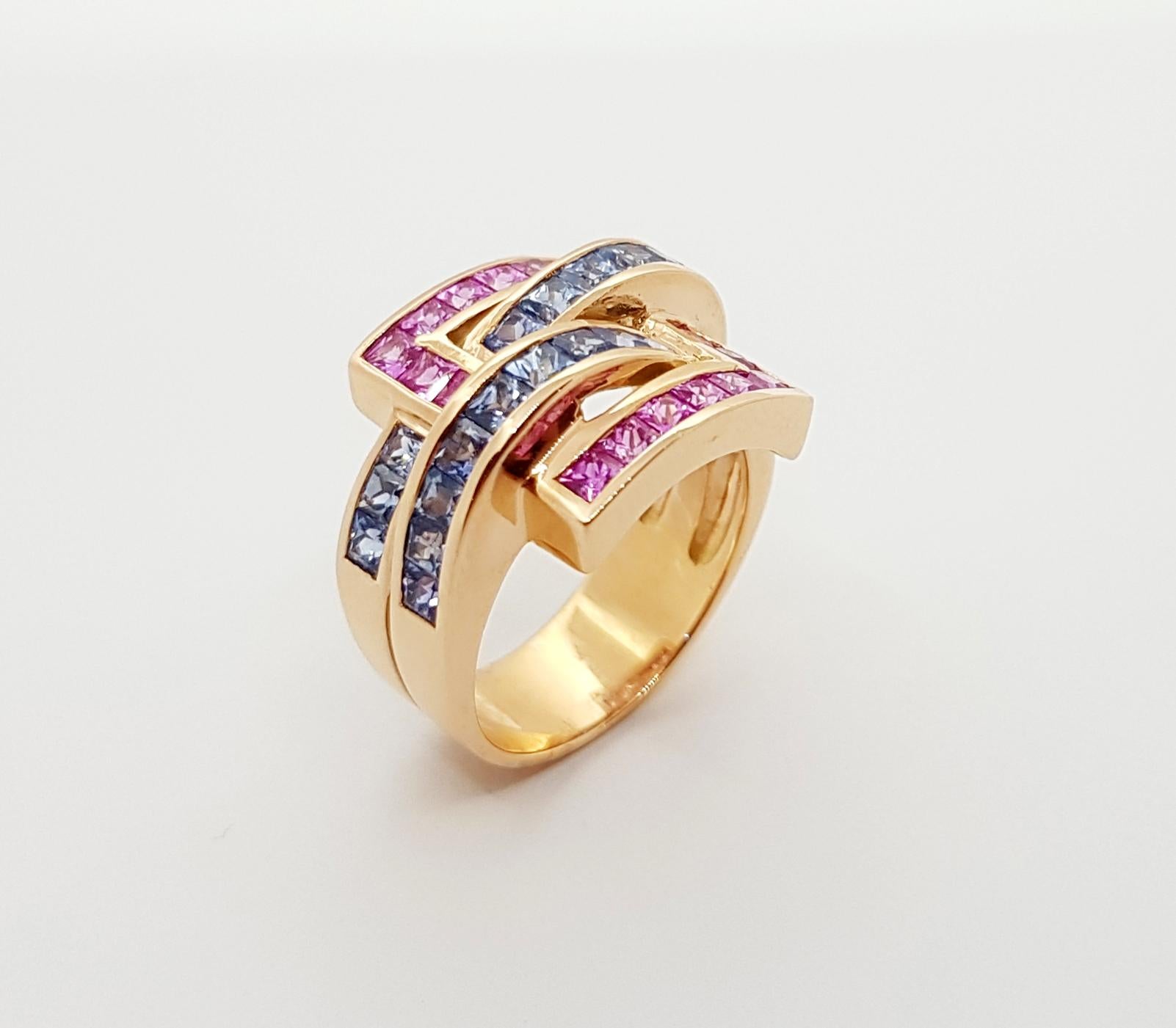 Blue Sapphire and Pink Sapphire Ring Set in 18 Karat Rose Gold Settings For Sale 6