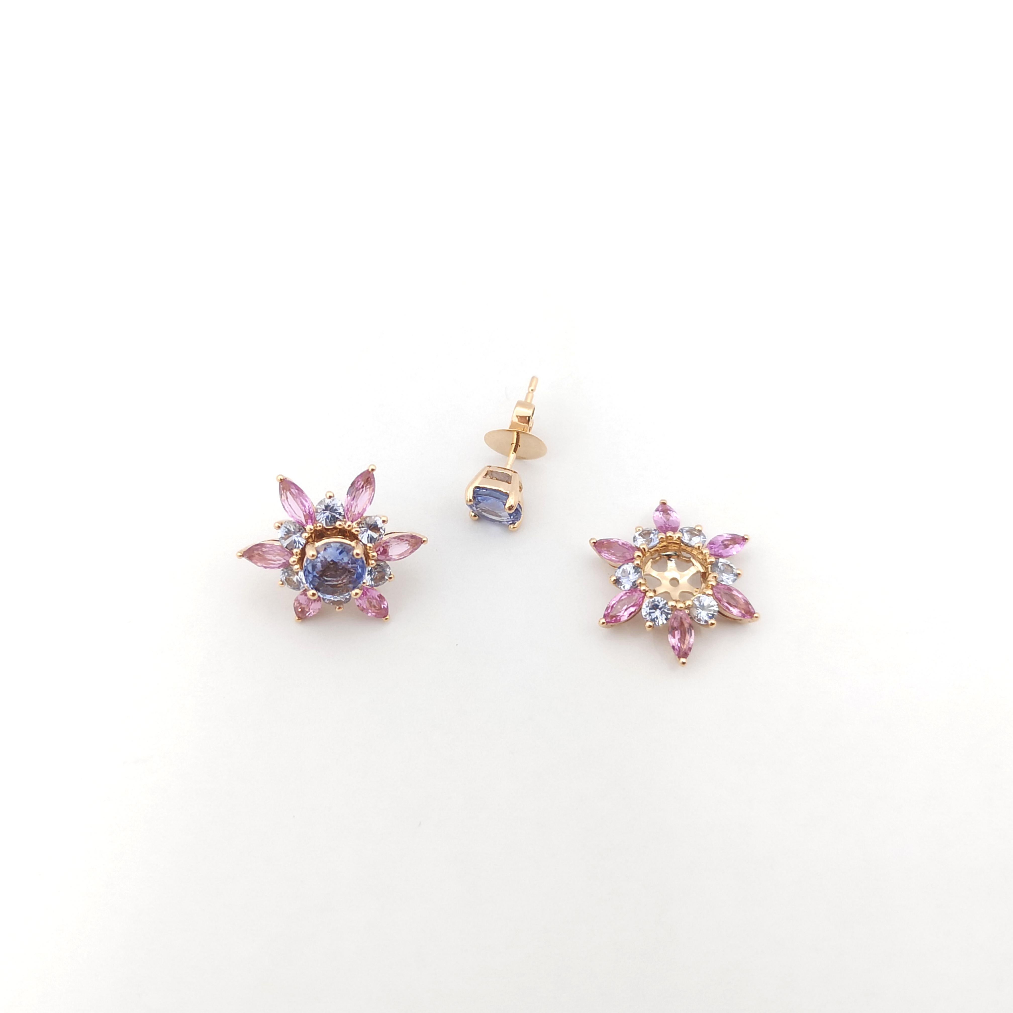 Blue Sapphire and Pink Sapphire Stud and Jacket Earrings set in 18K Rose Gold For Sale 5