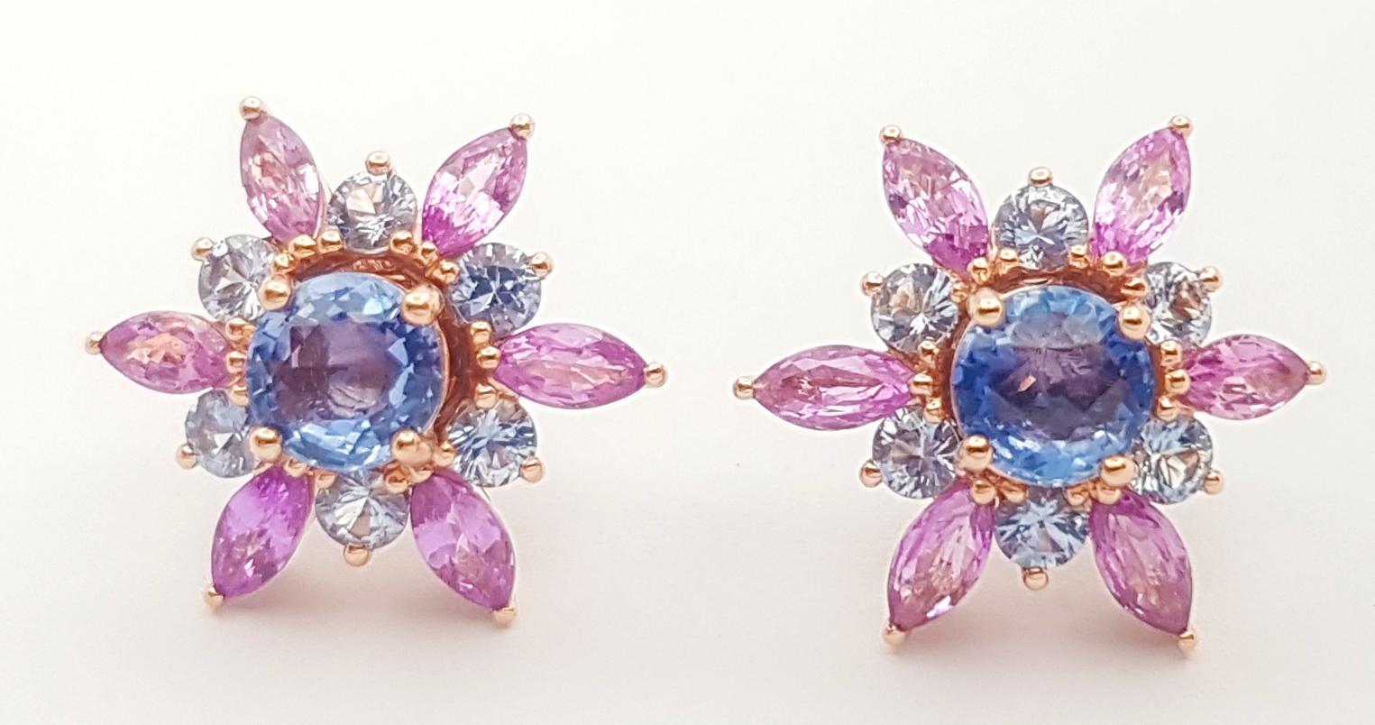 Mixed Cut Blue Sapphire and Pink Sapphire Stud and Jacket Earrings set in 18K Rose Gold For Sale