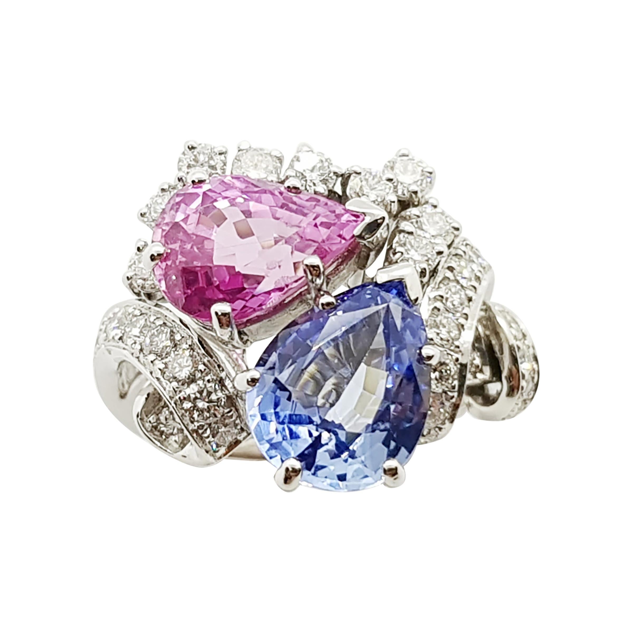 Bague en or blanc 18 carats sertie d'un saphir bleu et d'un saphir rose avec diamants