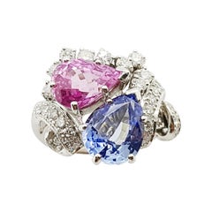Blue Sapphire and Pink Sapphire with Diamond Ring Set in 18 Karat White Gold