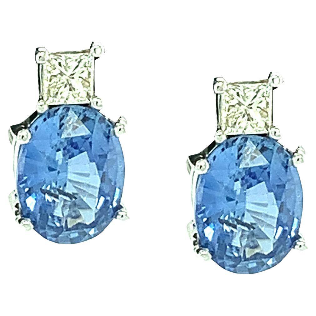 Blue Sapphire and Princess Cut Diamond Earrings in White Gold, 3.40 Carat Total 