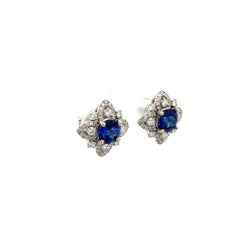 Blue Sapphire and RBC Diamond Gold Vintage Stud Earrings