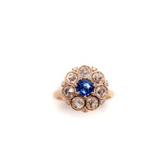 Blue Sapphire and Rose Cut Diamond Cluster Ring
