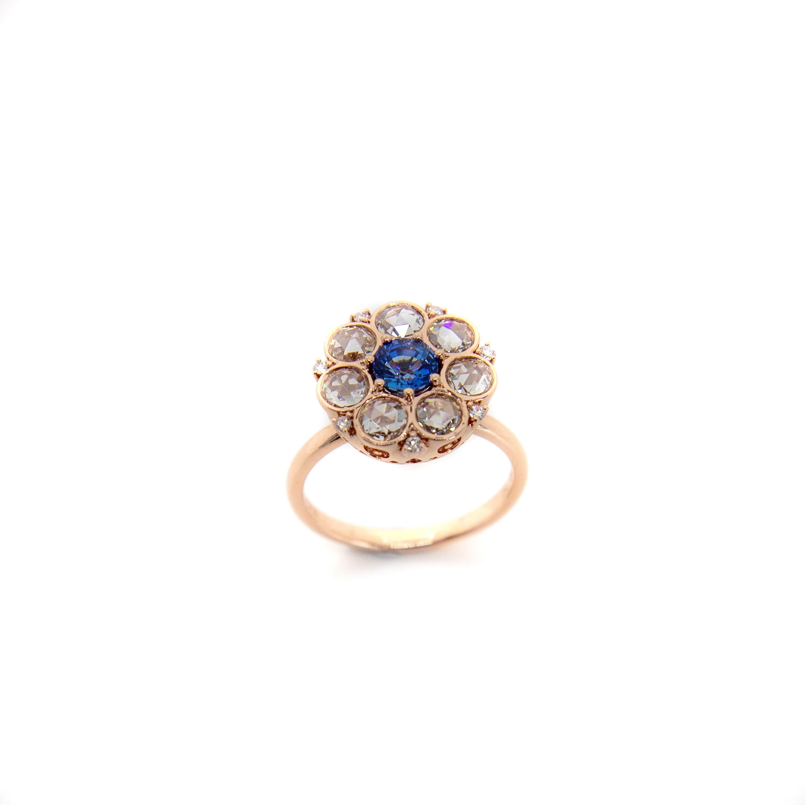 Cluster-Ring mit blauem Saphir und Diamant im Rosenschliff Damen im Angebot