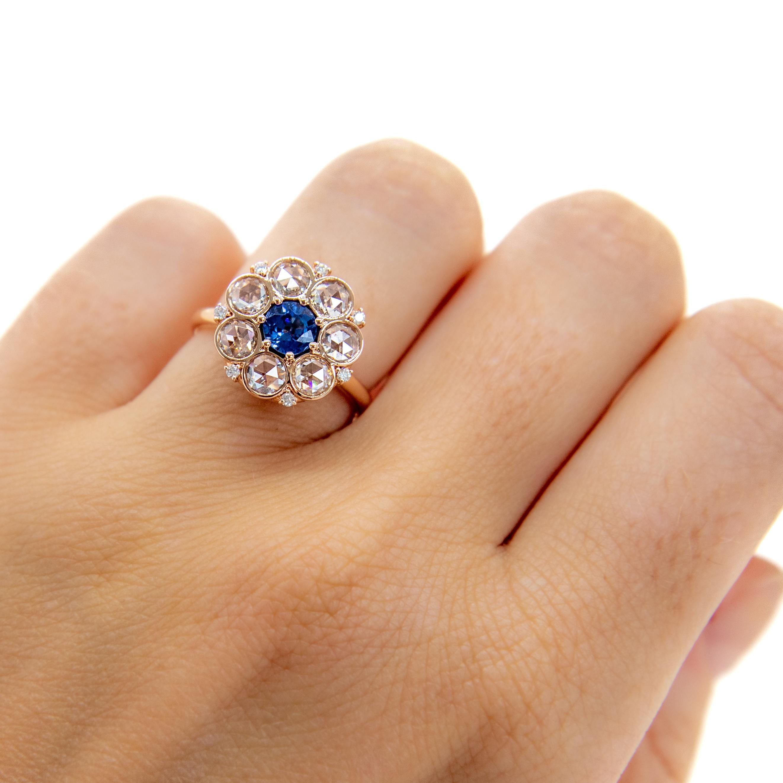 Blue Sapphire and Rose Cut Diamond Cluster Ring In New Condition For Sale In Sai Kung District, HK
