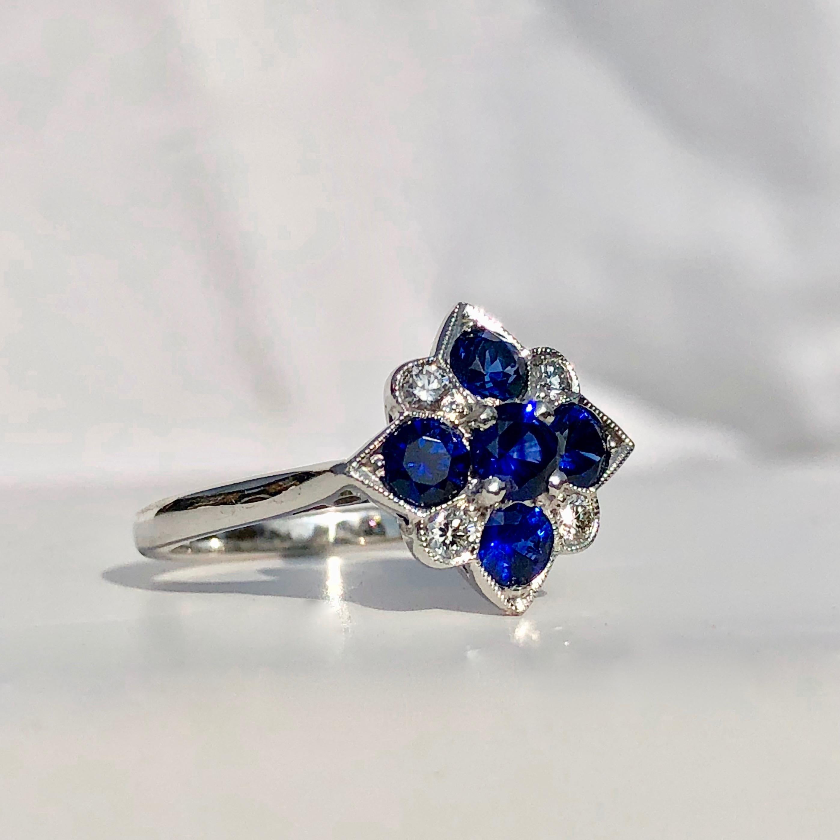 Round Cut Blue Sapphire and Round White Diamond 18 Karat Art Deco Style Engagement Ring