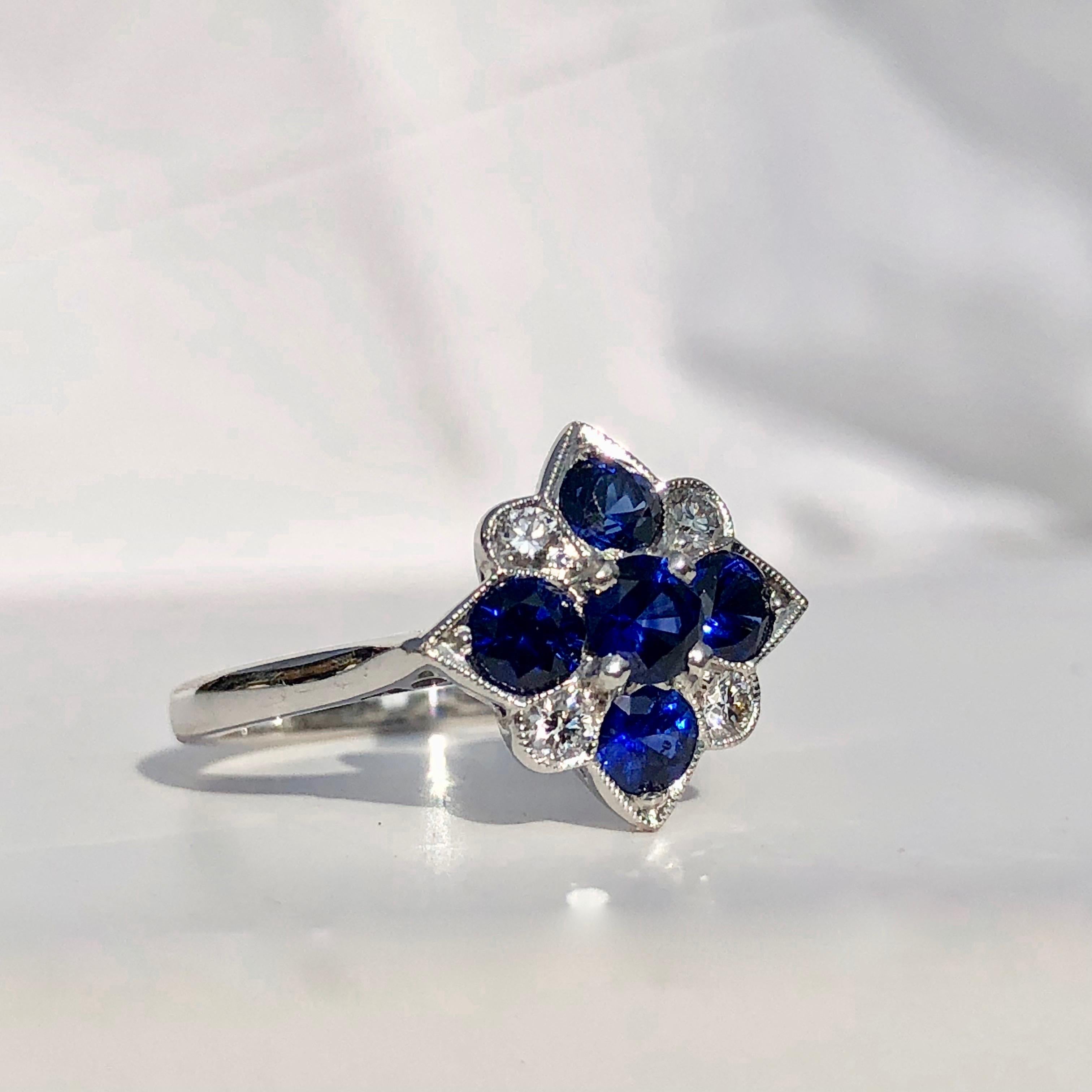 Women's or Men's Blue Sapphire and Round White Diamond 18 Karat Art Deco Style Engagement Ring