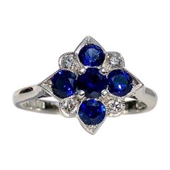 Blue Sapphire and Round White Diamond 18 Karat Art Deco Style Engagement Ring