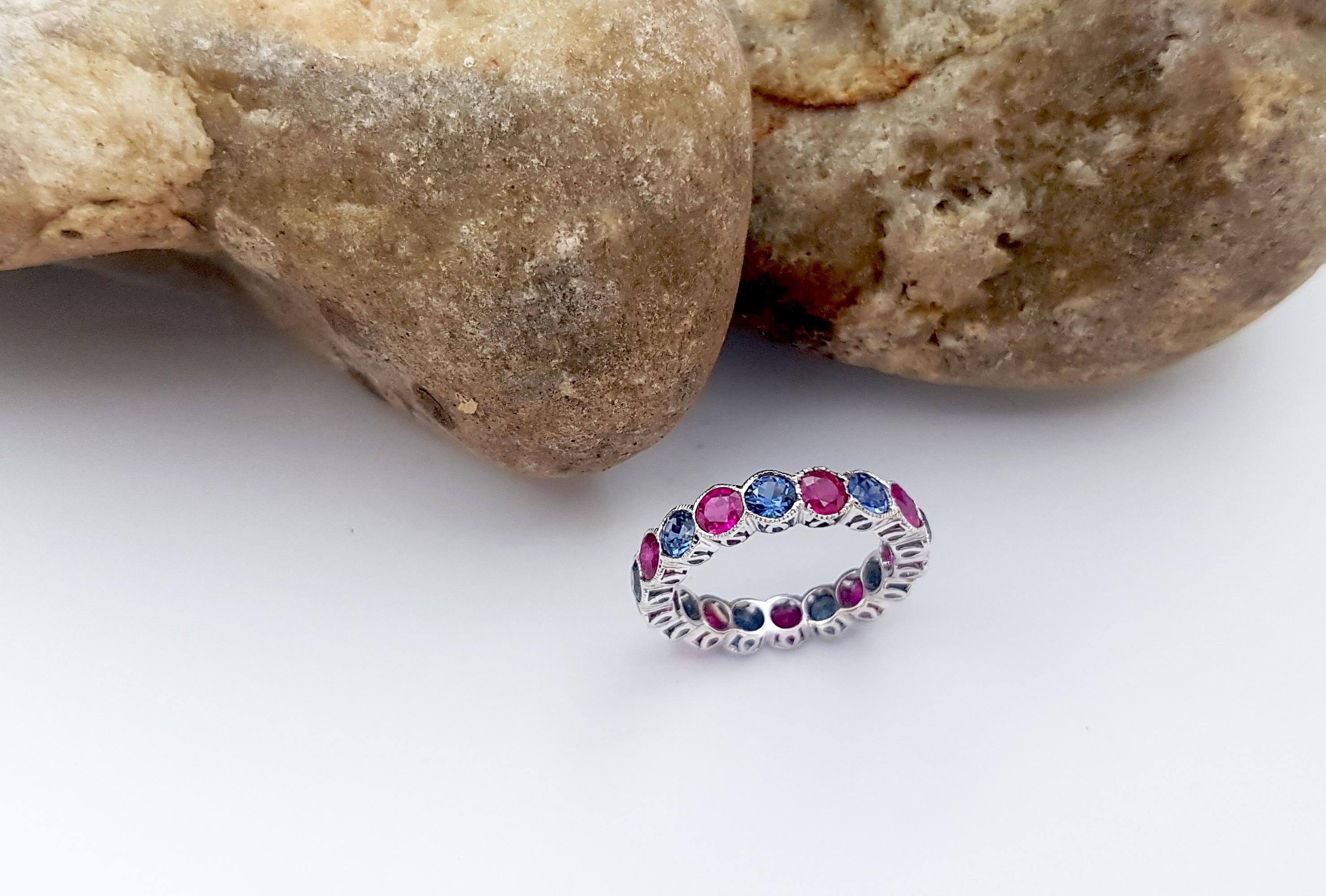 Blue Sapphire and Ruby Eternity Ring set in 18K White Gold Settings For Sale 3