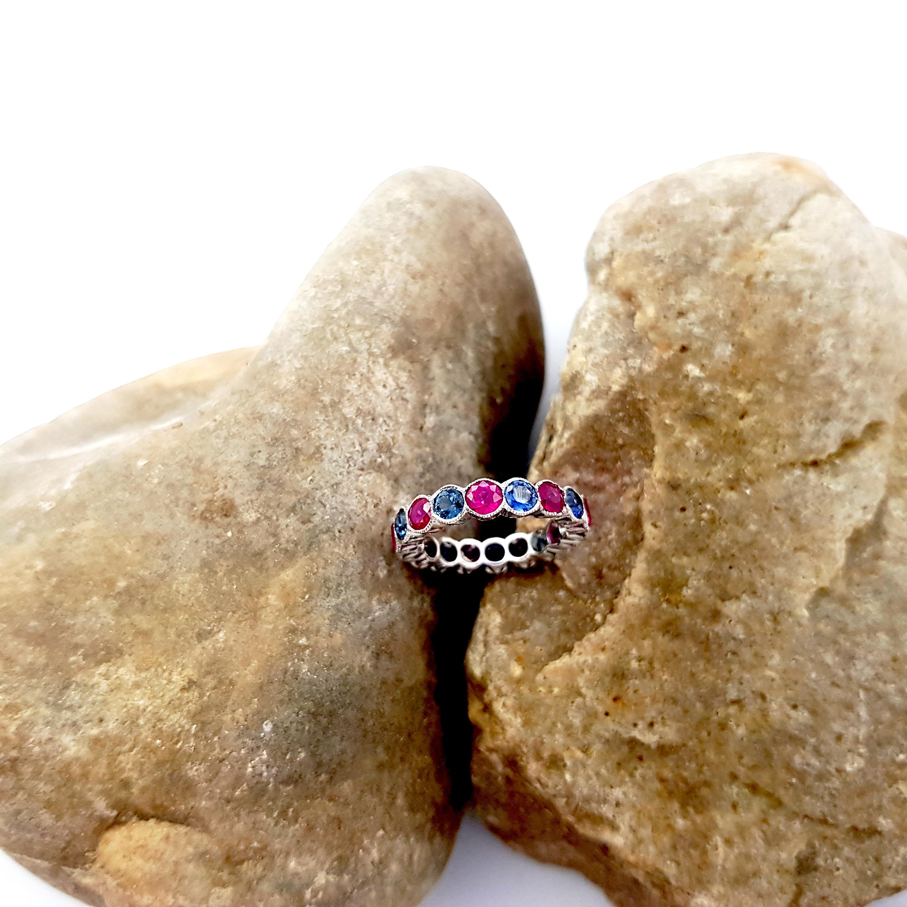 Blue Sapphire and Ruby Eternity Ring set in 18K White Gold Settings For Sale 4