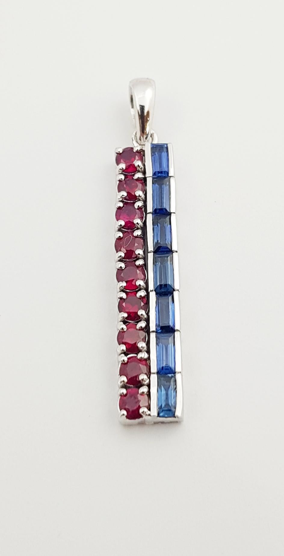 Contemporary Blue Sapphire and Ruby Pendant Set in 18 Karat White Gold Settings For Sale