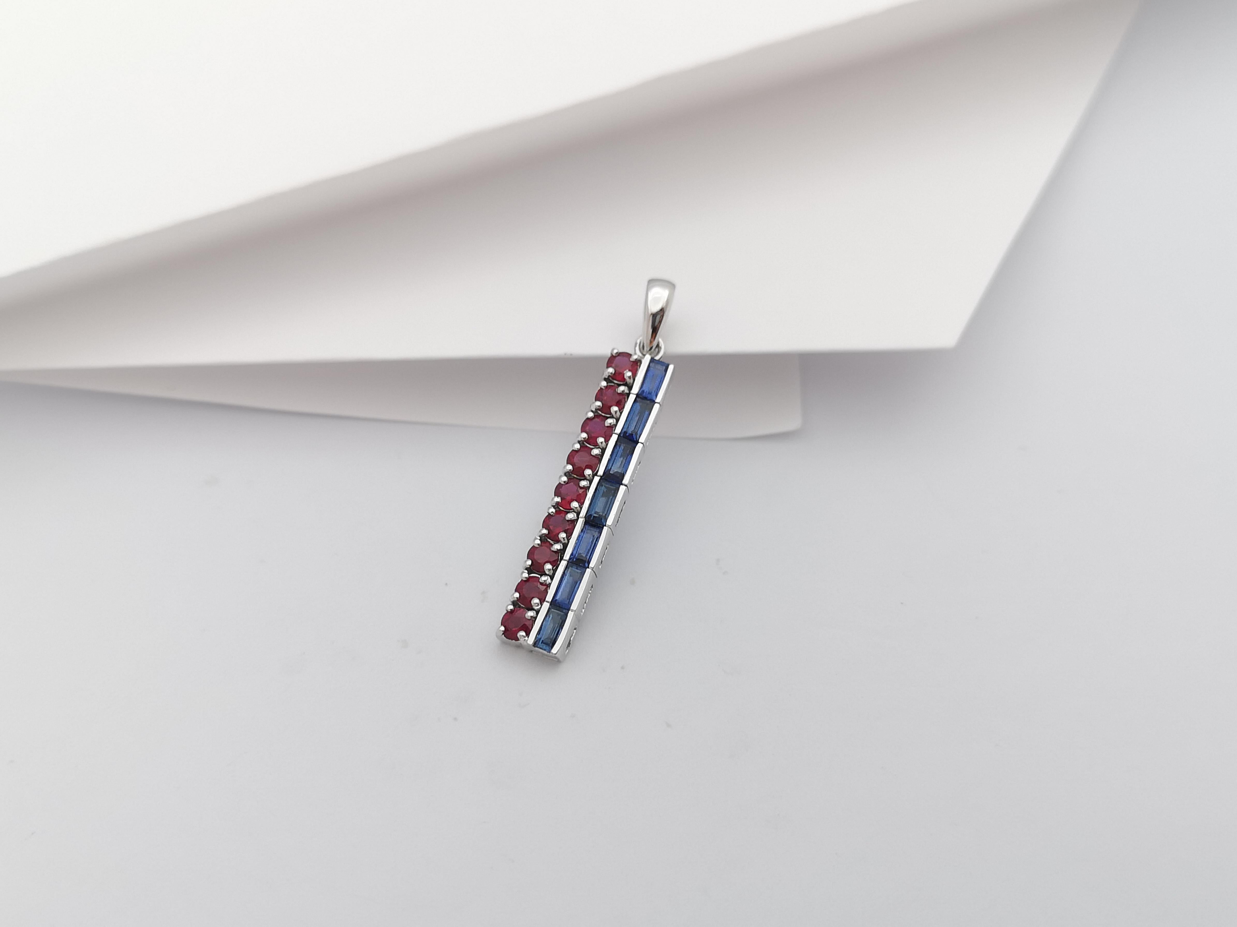 Mixed Cut Blue Sapphire and Ruby Pendant Set in 18 Karat White Gold Settings For Sale