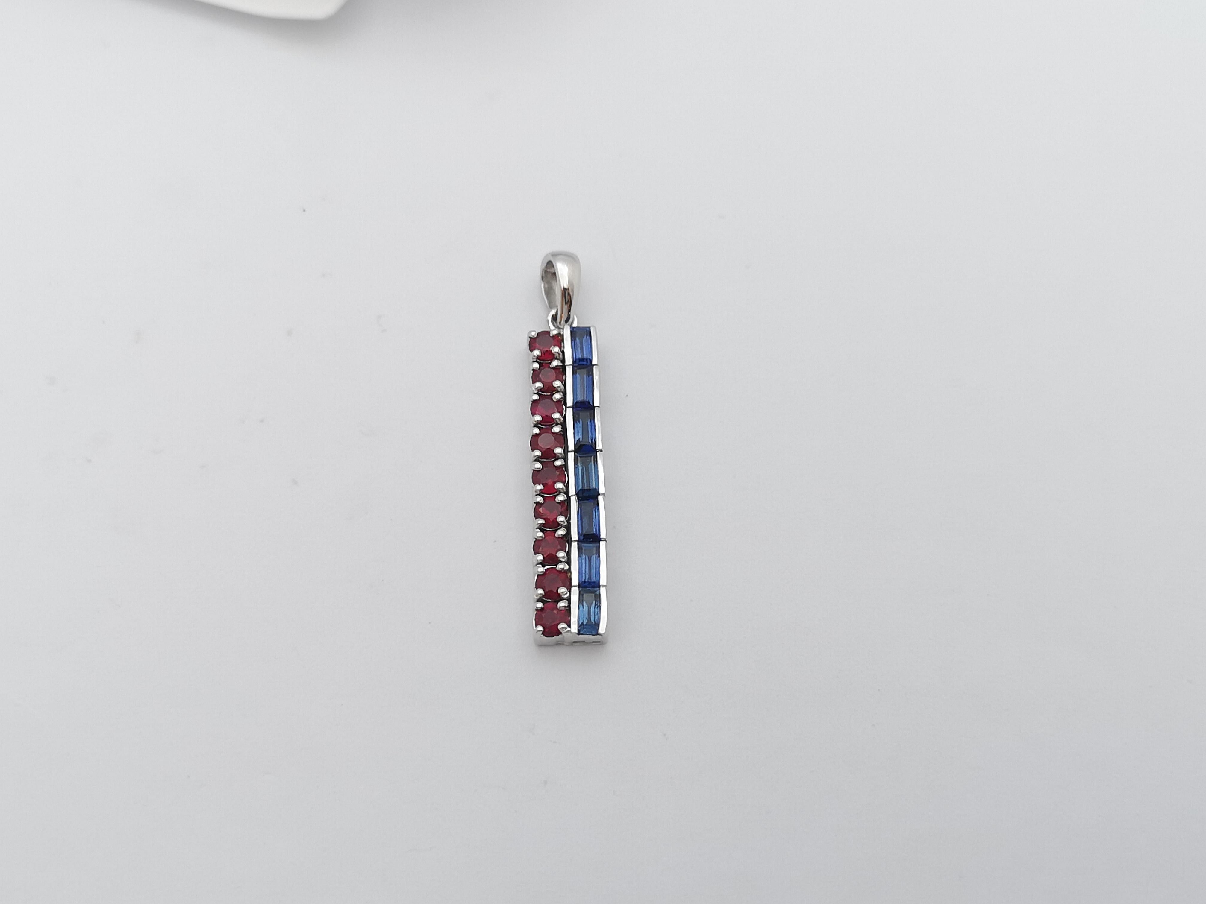 Blue Sapphire and Ruby Pendant Set in 18 Karat White Gold Settings For Sale 1