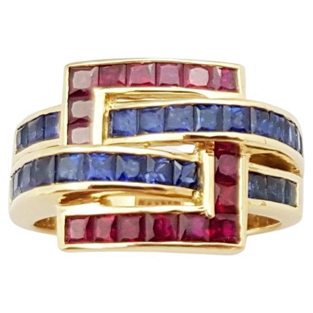 Blue Sapphire and Ruby Ring Set in 18 Karat Gold Settings For Sale