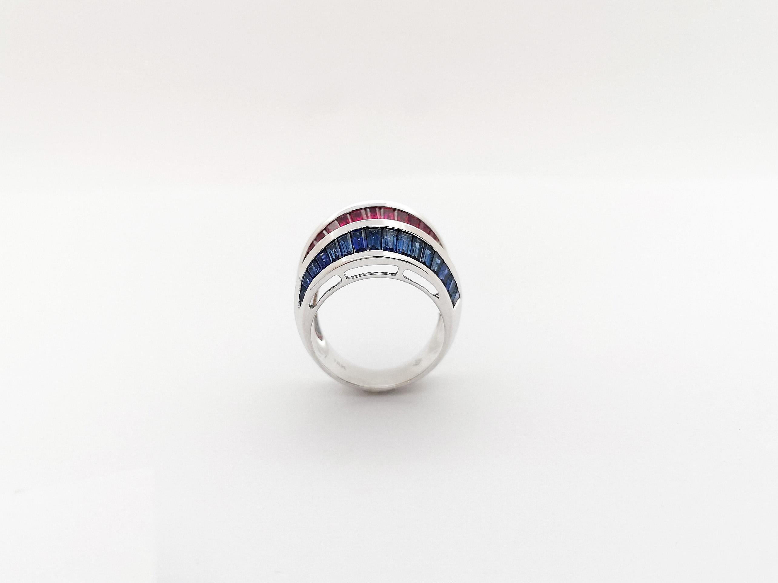 Blue Sapphire and Ruby Ring set in 18K White Gold Settings For Sale 5