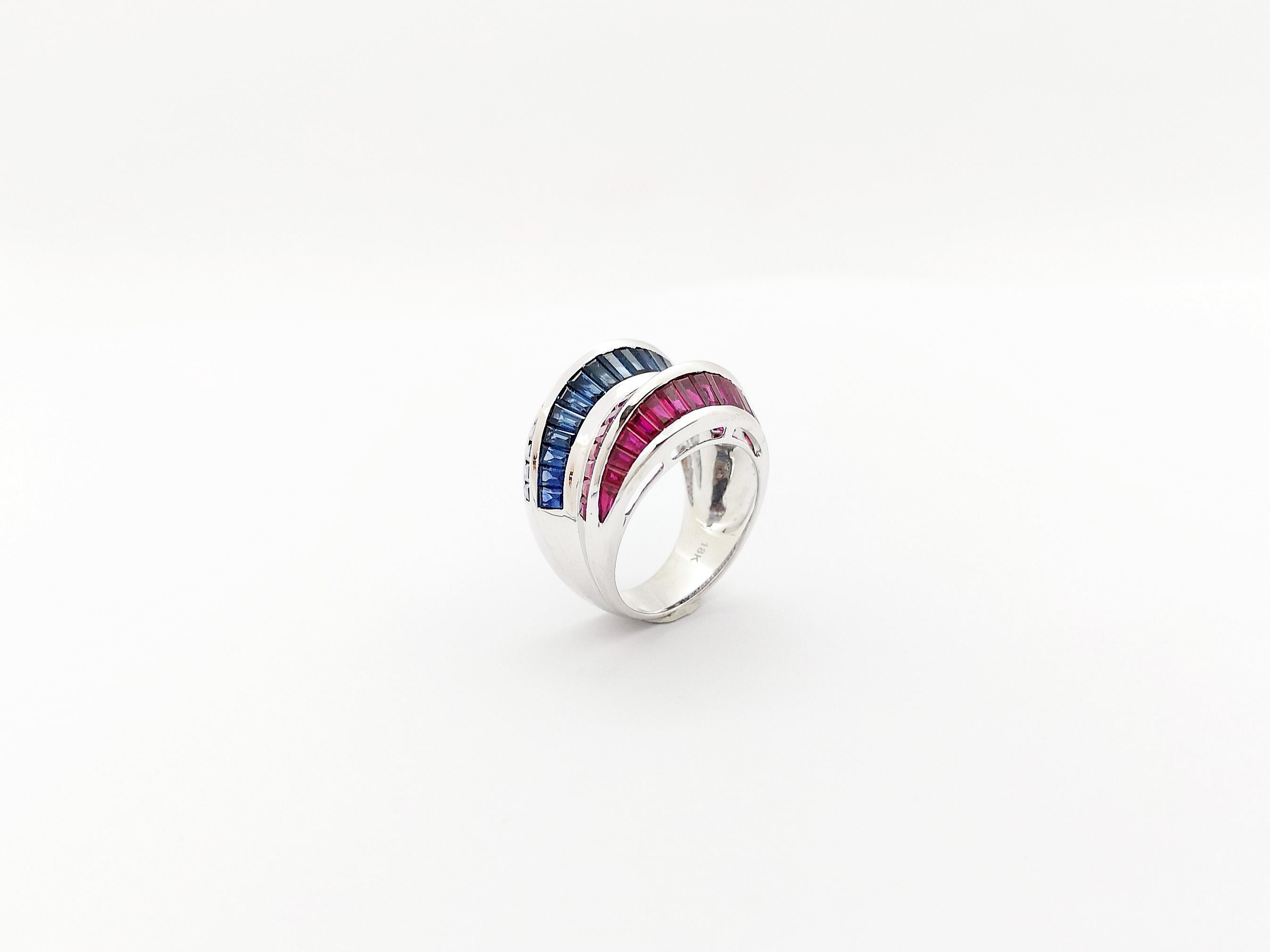 Blue Sapphire and Ruby Ring set in 18K White Gold Settings For Sale 9