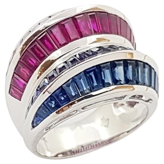 Blue Sapphire and Ruby Ring set in 18K White Gold Settings For Sale