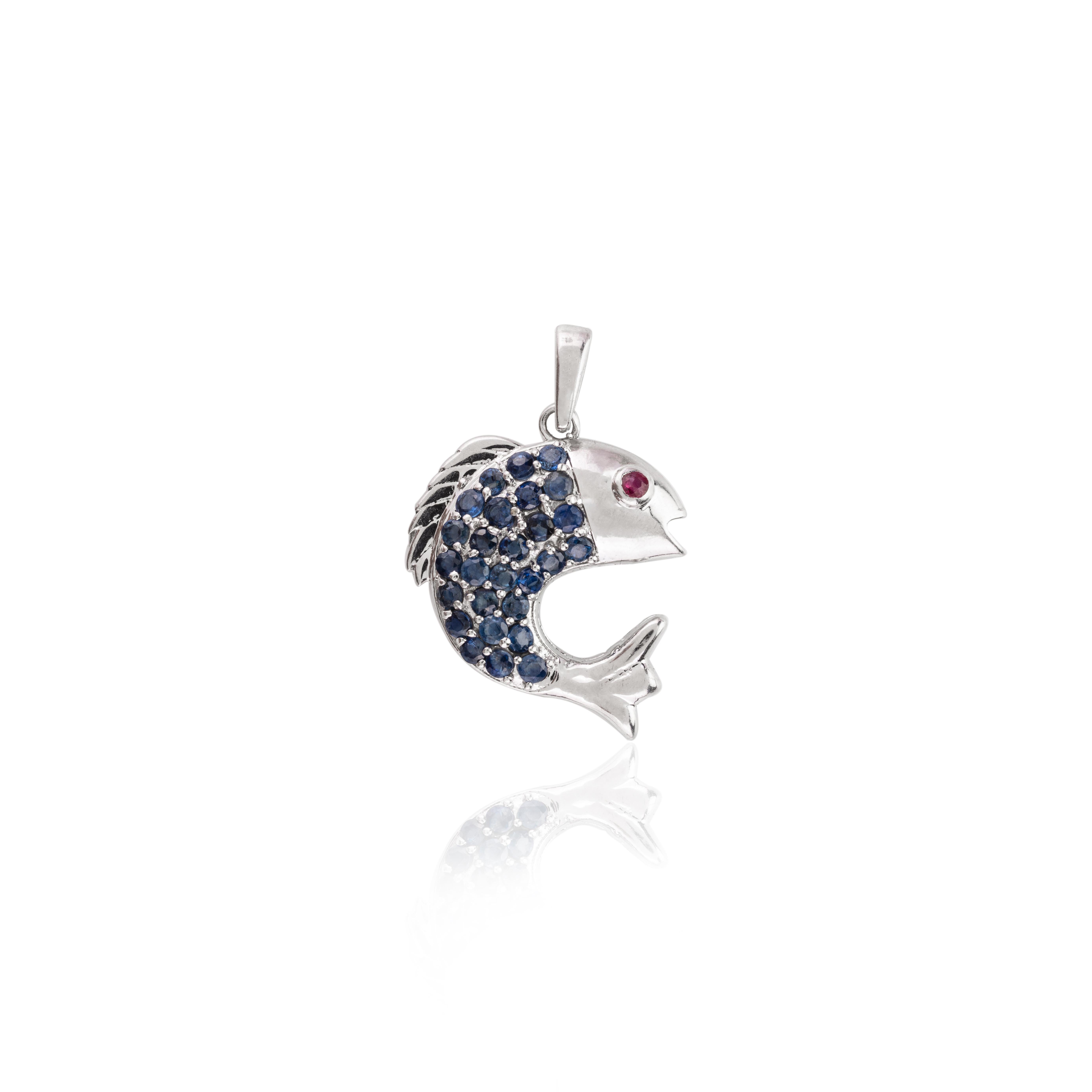 Art Deco Blue Sapphire and Ruby Studded Dolphin Pendant in .925 Sterling Silver for Her For Sale
