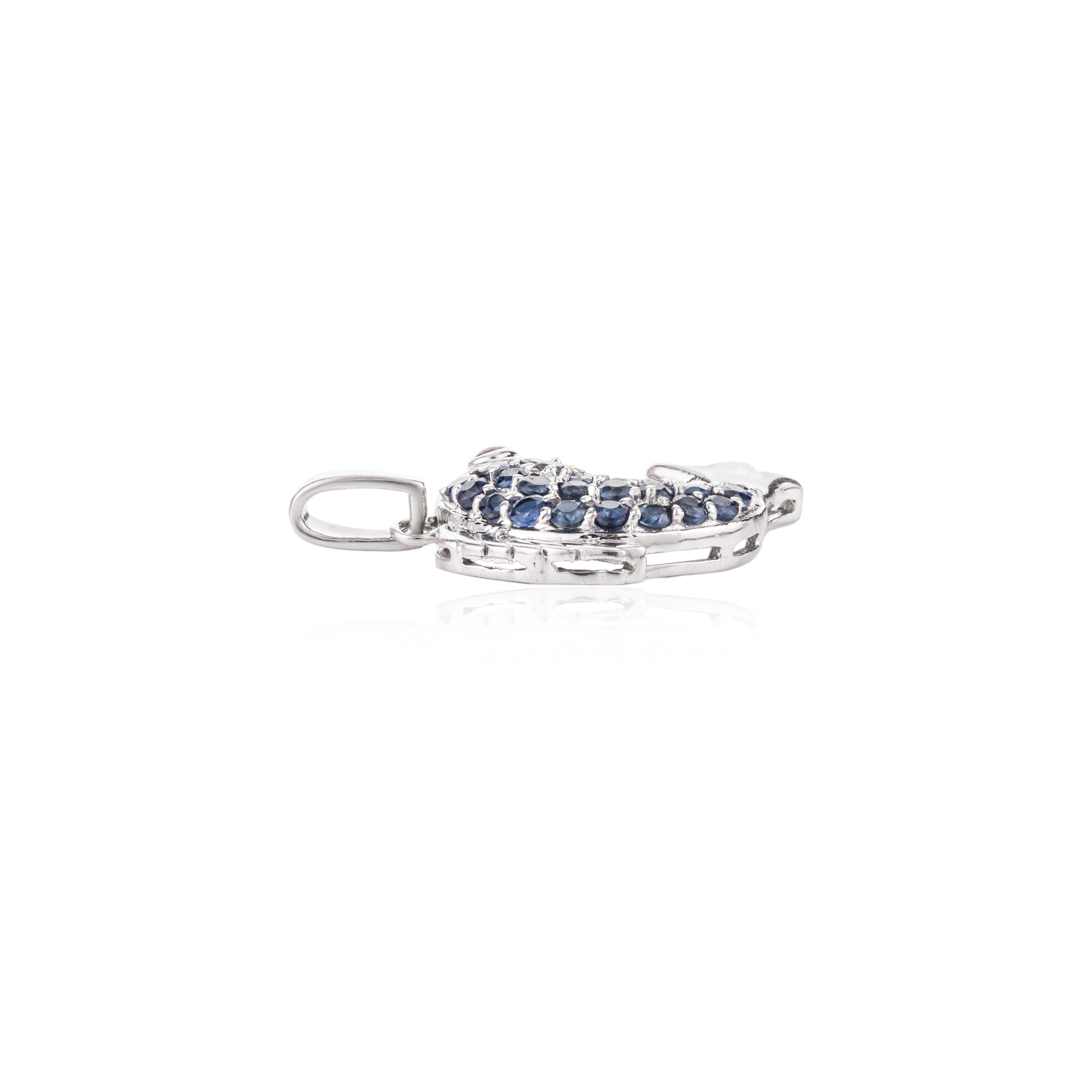 Round Cut Blue Sapphire and Ruby Studded Dolphin Pendant in .925 Sterling Silver for Her For Sale
