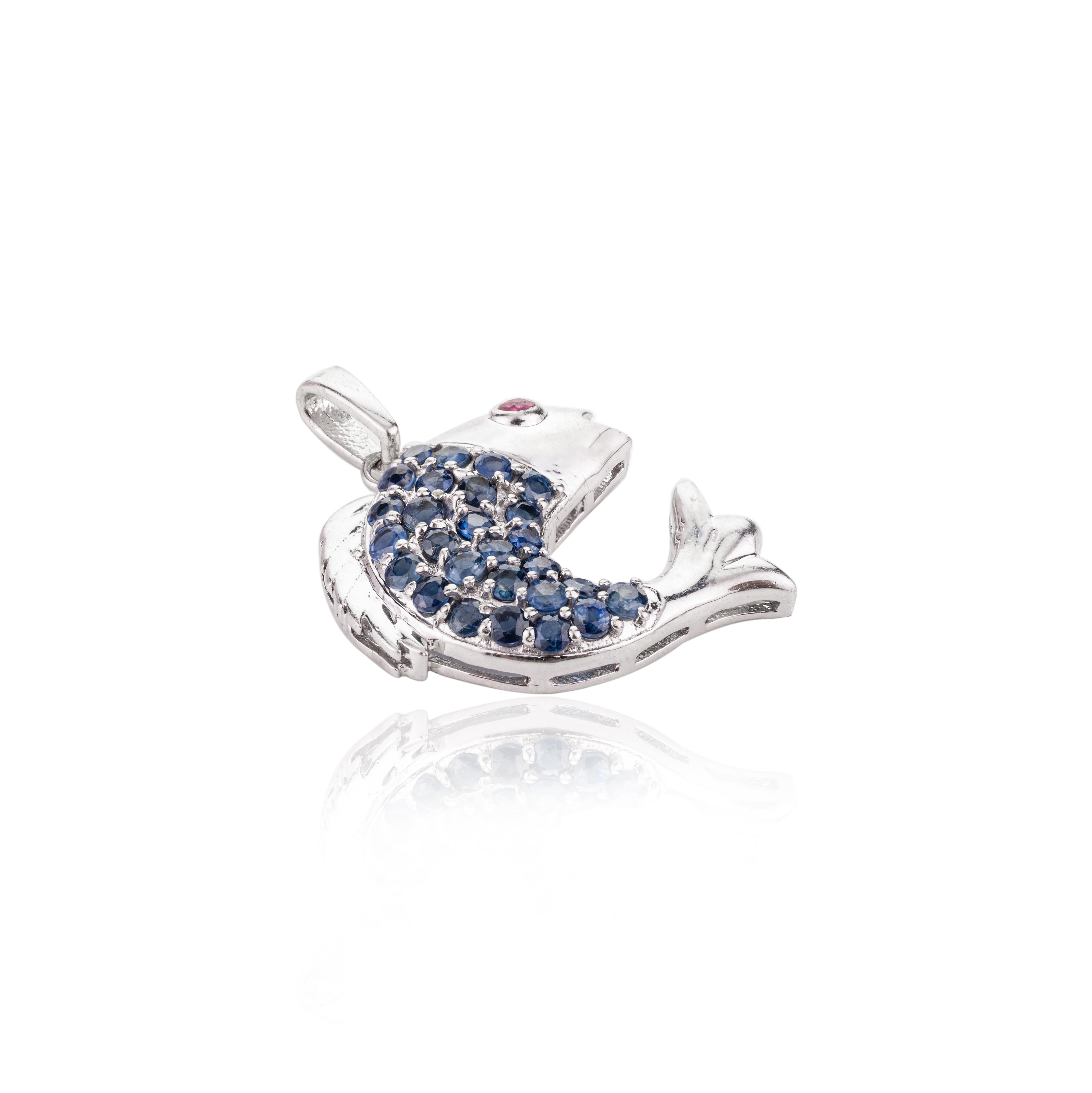 Women's Blue Sapphire and Ruby Studded Dolphin Pendant in .925 Sterling Silver for Her For Sale