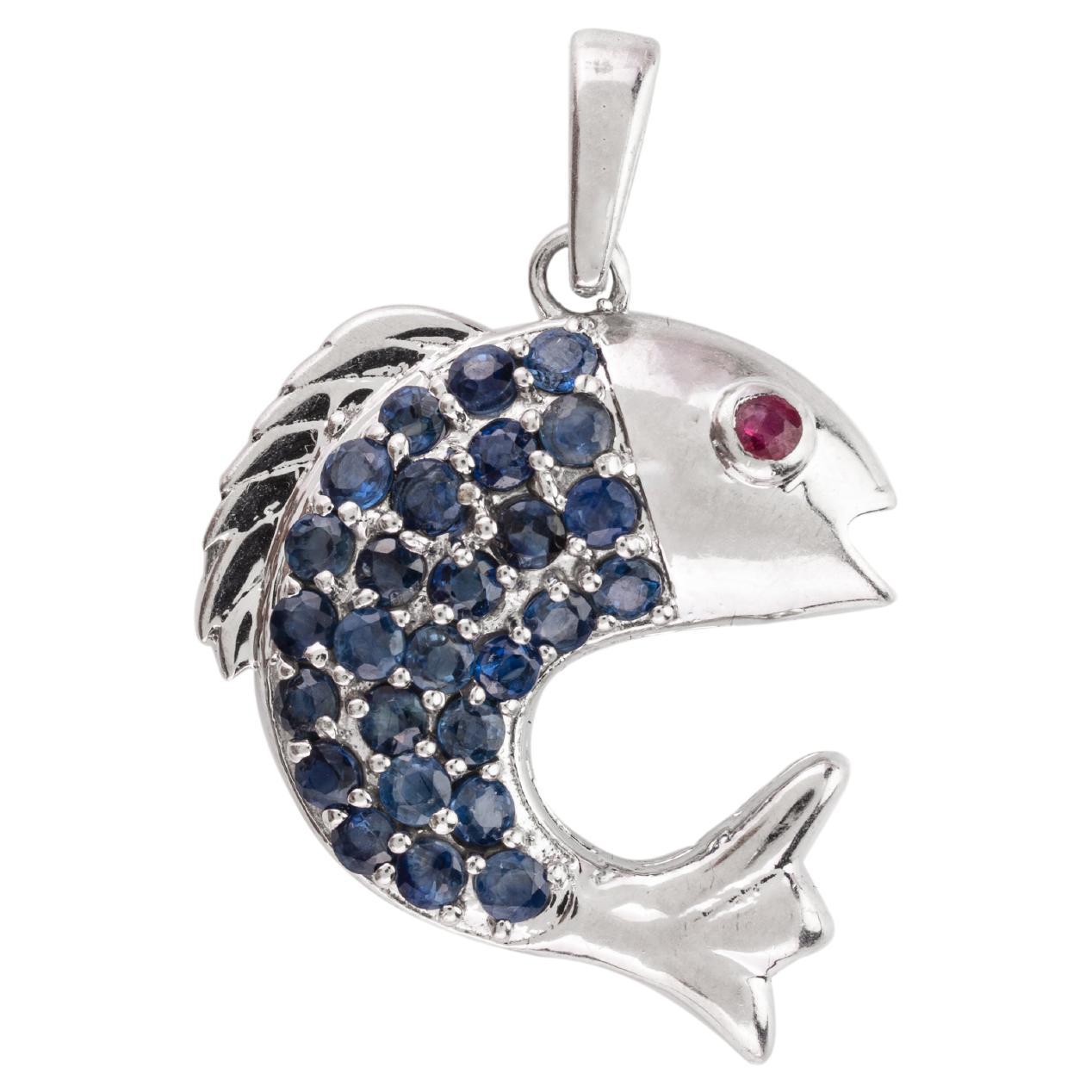 Blue Sapphire and Ruby Studded Dolphin Pendant in .925 Sterling Silver for Her